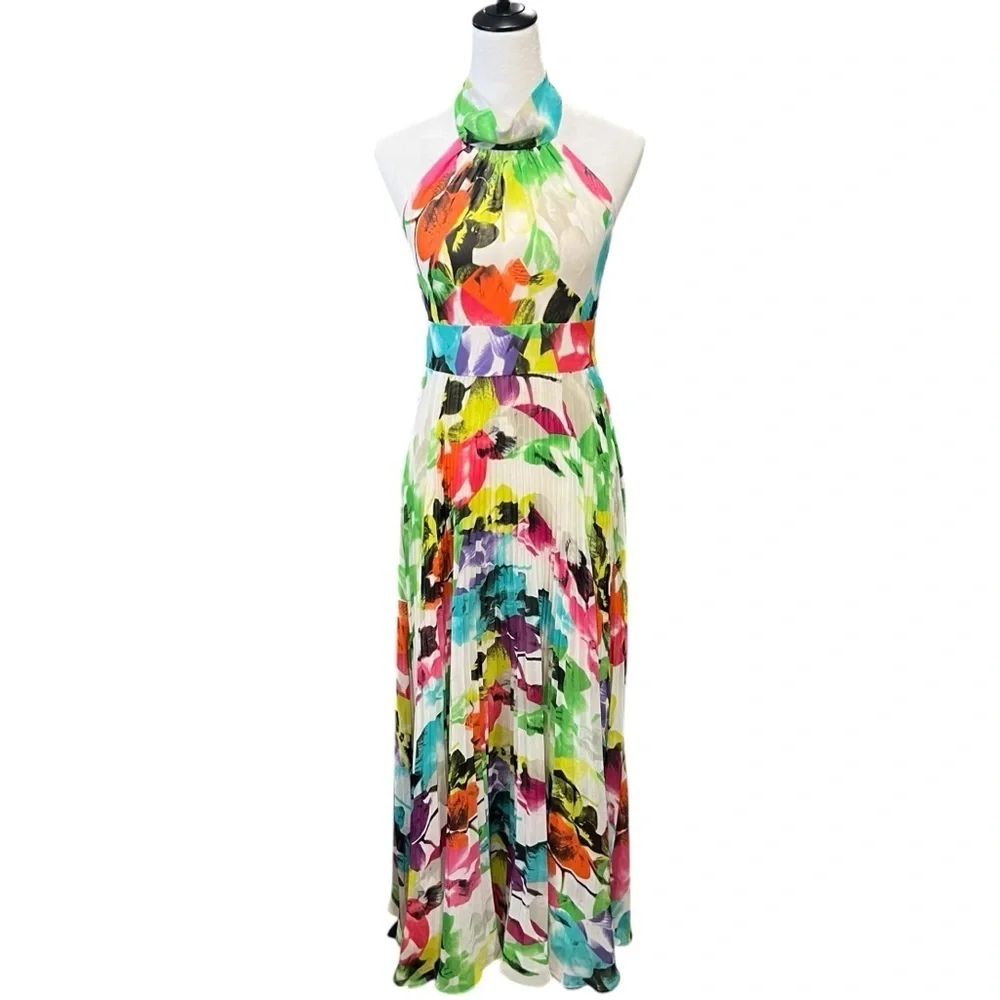 Eliza J Multicolor Halter Neck Maxi Dress (4) EUC